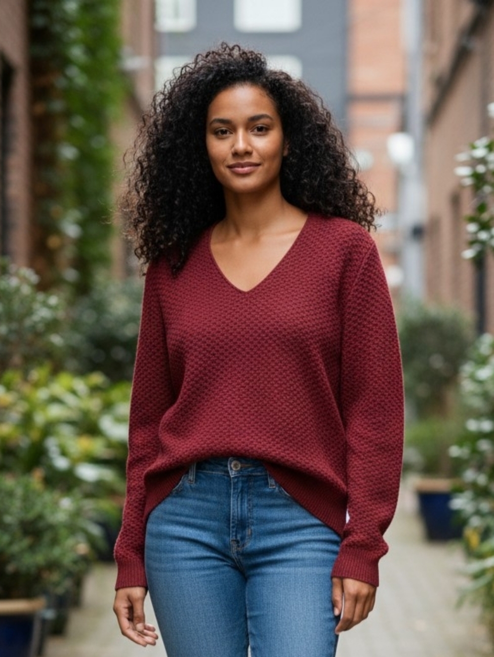 Eileen Fisher Merino Wool Deep Red V-Neck Sweater Medium Pullover Textured